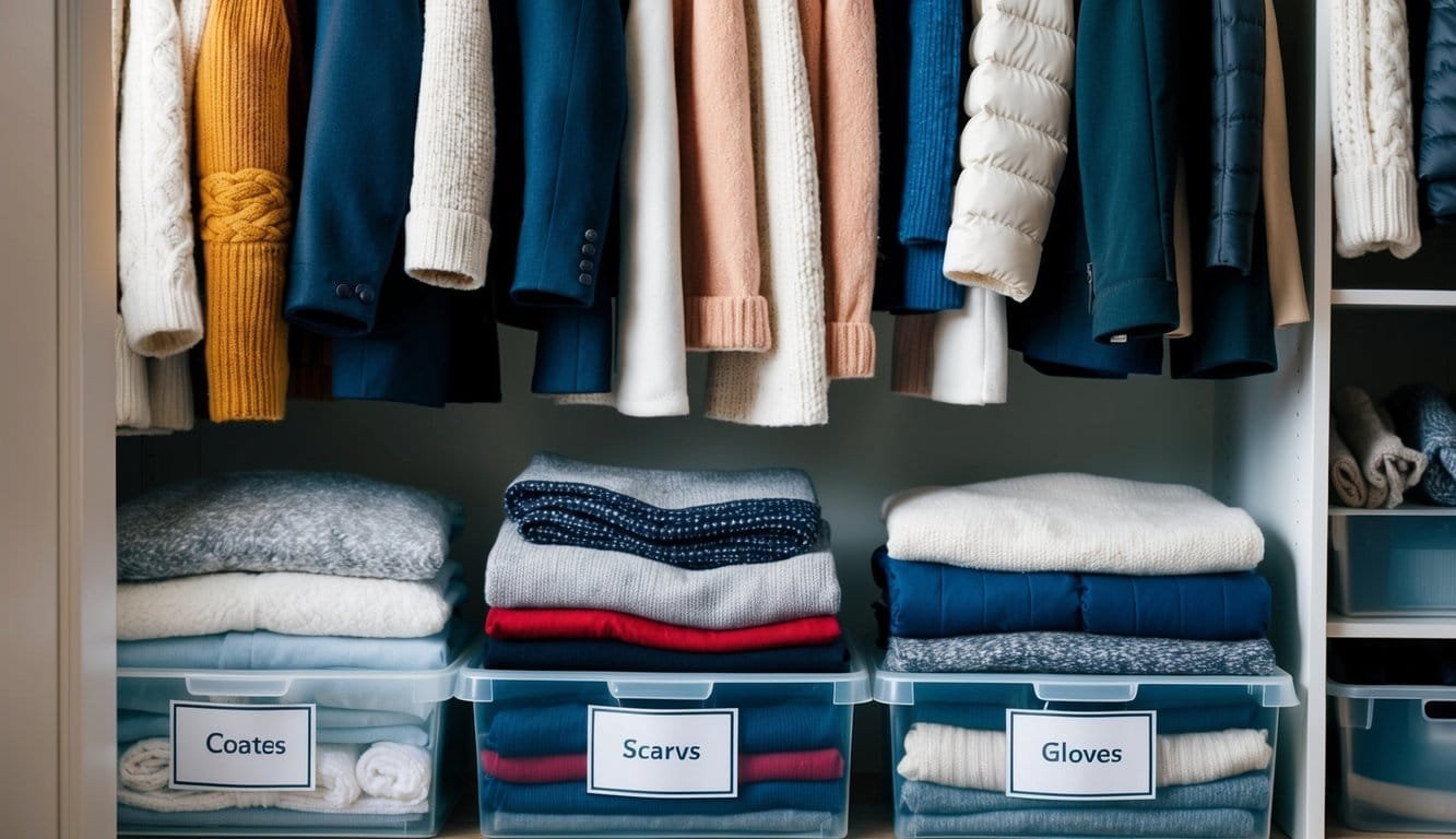 Winter Wardrobe Tamed: The Ultimate Storage Guide Winter clothes neatly folded and organized in clear plastic storage bins, with labels indicating the contents. A rack of winter coats and jackets hanging in a closet, with scarves and gloves neatly arranged in a drawer