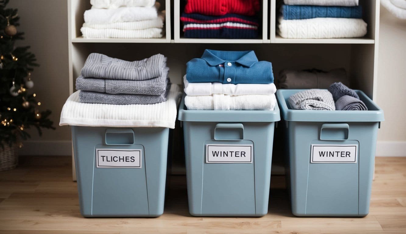 Winter Wardrobe Tamed: The Ultimate Storage Guide Winter clothes neatly folded and organized in labeled bins, with a clear system for storing and accessing different items