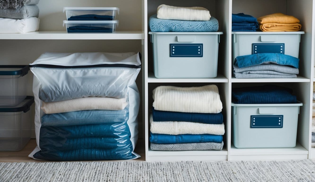 Winter Wardrobe Tamed: The Ultimate Storage Guide Winter clothes neatly folded and organized in labeled bins, with a vacuum-sealed bag for bulky items. A storage area with shelves and clear containers