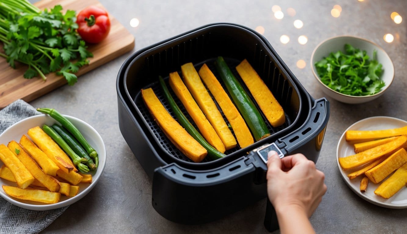 Crispy Vegetables in Minutes? Your Air Fryer is the Secret Weapon: Here's How! Fresh vegetables being placed in an air fryer basket, set to a high temperature, and then removed golden and crispy