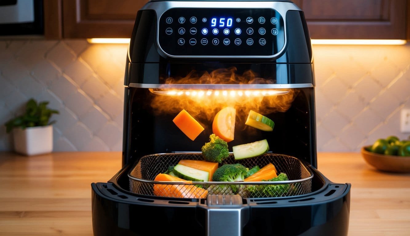 Crispy Vegetables in Minutes? Your Air Fryer is the Secret Weapon: Here's How! Freshly cut vegetables floating into an air fryer basket, surrounded by a halo of hot air, with the appliance's digital display glowing in the background
