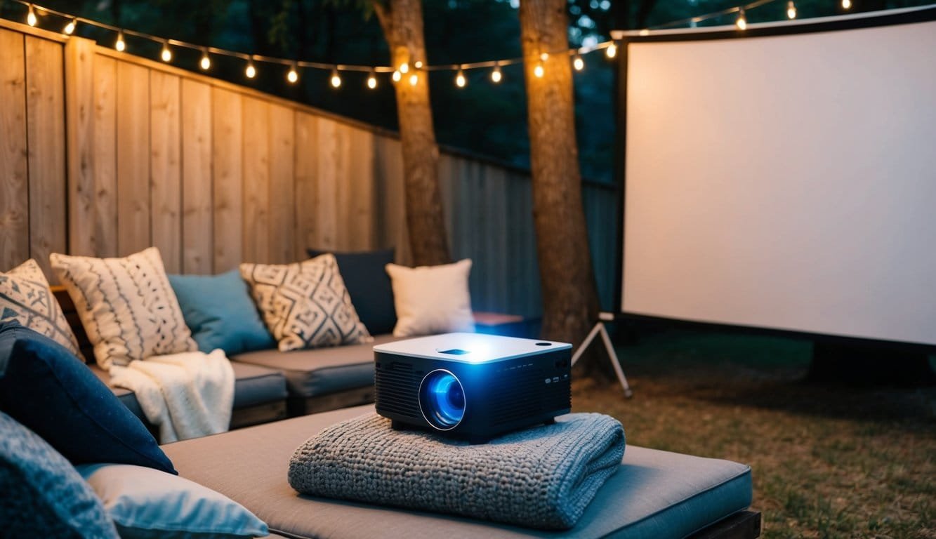 A cozy outdoor movie setup with cushions, blankets, and string lights. A portable projector is placed on a stable surface, with a screen hung between two trees
