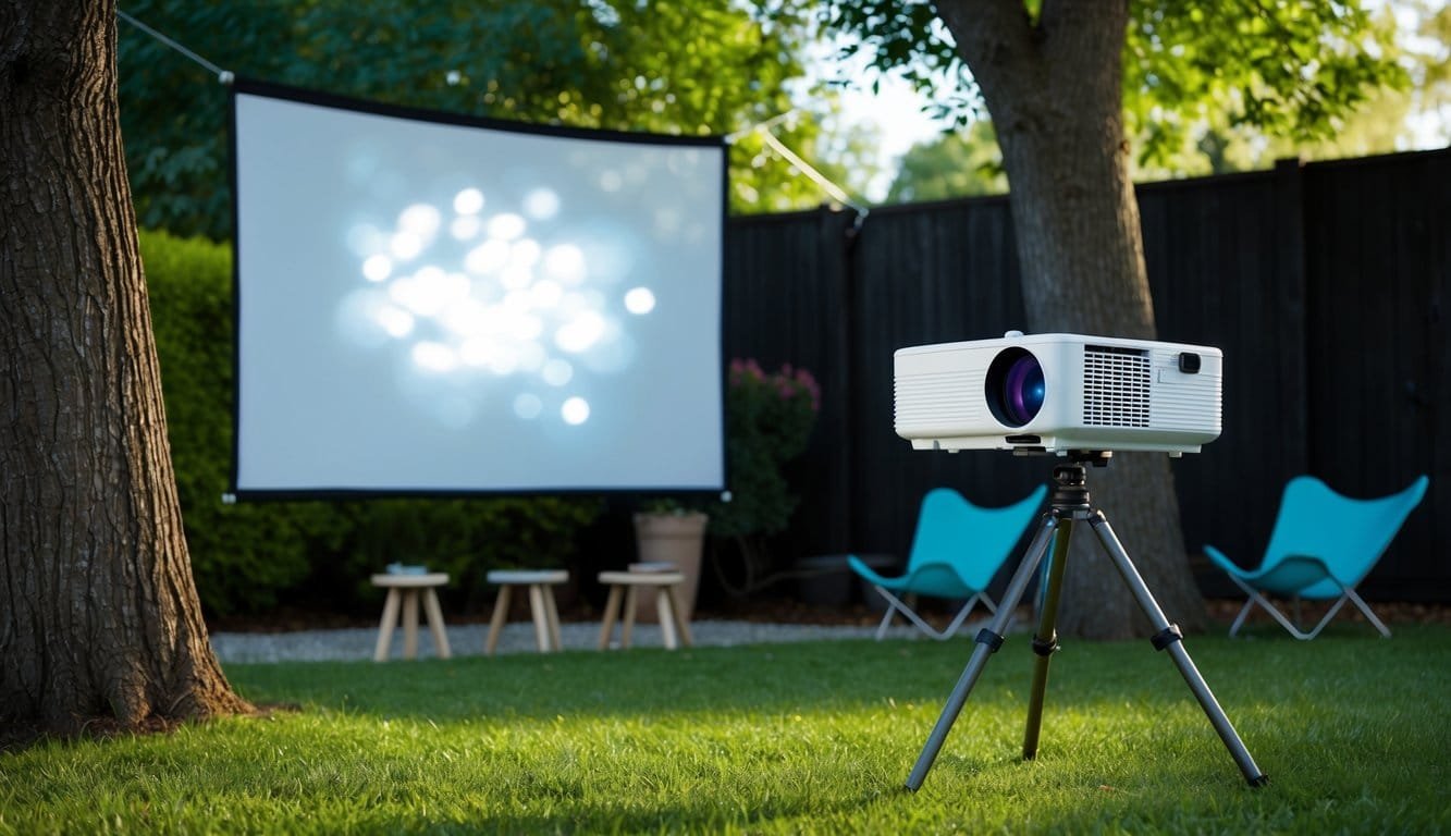 A portable projector is set up on a tripod in a backyard. The screen is hung between two trees, and a group of chairs is arranged in front of it